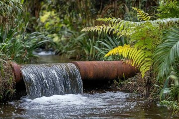 Rustic Stream Flowing Through a Pipe in a Lush Green Forest