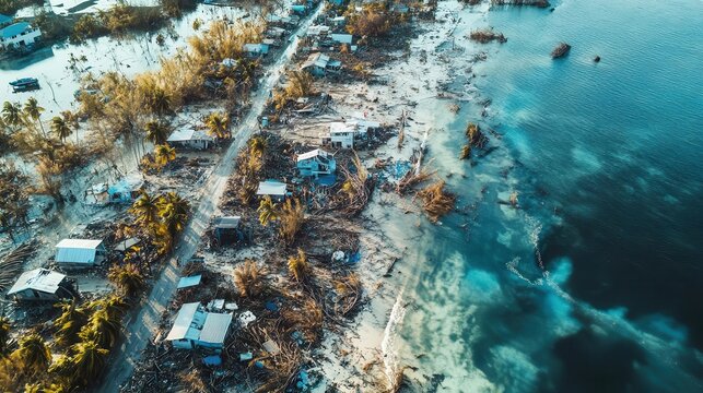 devastated tropical island with flooded streets and damaged structures post-hurricane, highlighting the impact of extreme weather events caused by climate change, a somber reminder of nature's power