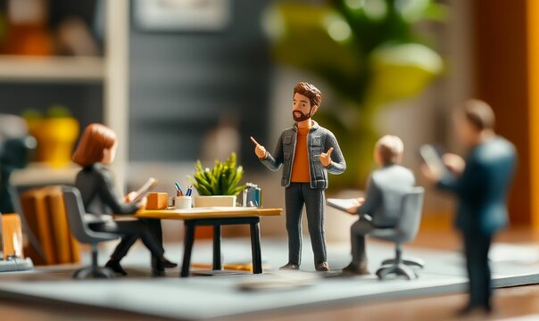 Miniature figurines in a meeting.