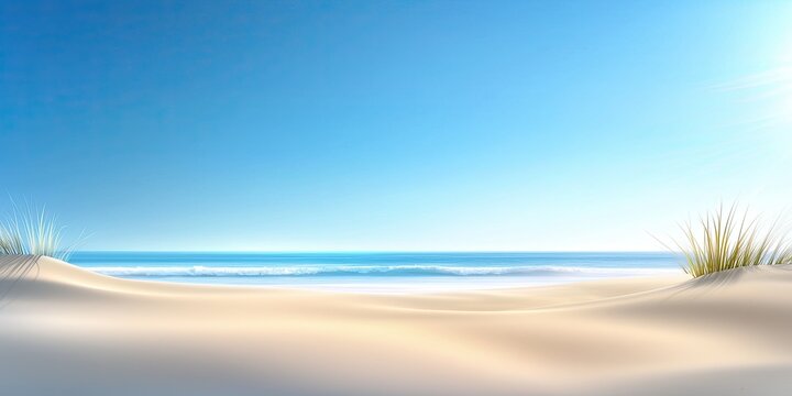A sandy 2025 beach with dunes in the foreground, soft waves in the distance, and a clear, cloudless sky overhead, creating a tranquil atmosphere.
