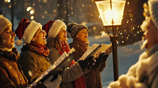 Joyful group caroling in festive winter wonderland night
