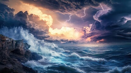 Fototapeta premium dramatic depiction of a stormy landscape, where dark clouds clash with vibrant lightning, creating a mesmerizing scene of nature's power, showcasing jagged cliffs and turbulent seas