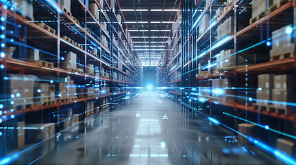Obraz premium Futuristic warehouse scene with virtual visualization of inventory flow on shelves, highlighting advanced technology in logistics