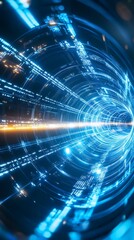 Fototapeta premium Virtual abstract tunnel filled with data streams connecting in a futuristic digital environment glowing with soft light