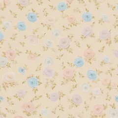 A seamless pattern of small, pastel roses with green leaves on a cream background, offering a soft and feminine look."