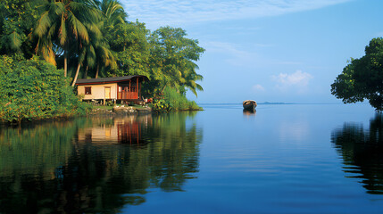 Obraz premium A serene houseboat gliding through the backwaters