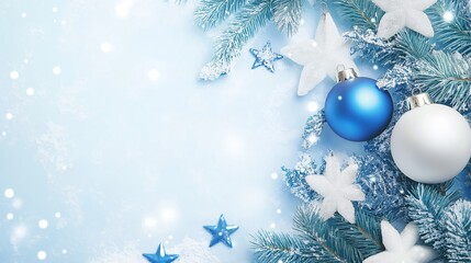 Blue and white empty background with a chrismas decorations. Copy space for text. Good for banners.