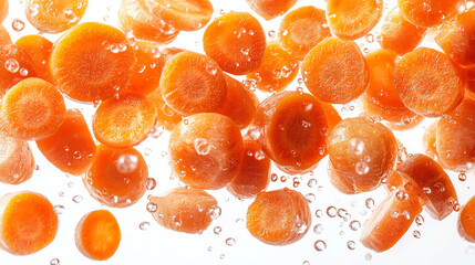Falling carrot pieces on a white background close-up
