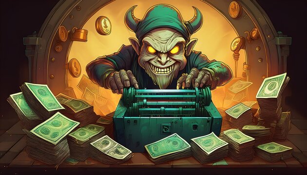 diabolical cartoonish character operating a money printing machine