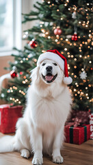 Happy white dog wearing Santa hat sitting in front of a decorated Christmas tree with presents and holiday lights in cozy home setting