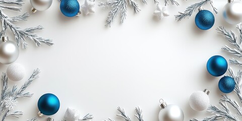 Silver and blue Christmas ornaments, with snowy branches, forming a festive frame around a white background, perfect for seasonal designs.