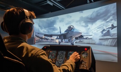 Pilot in flight simulator with jet on screen.