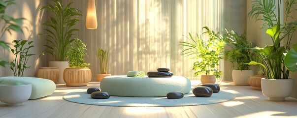 Fototapeta premium Peaceful spa room with aromatherapy and hot stones, natural healing, 3D illustration