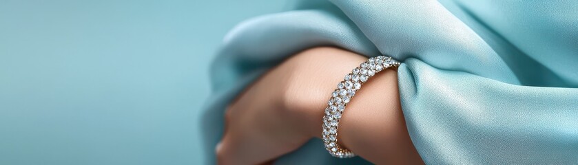 Elegant wrist adorned with a sparkling bracelet and draped in soft silk fabric, ideal for fashion aesthetics.