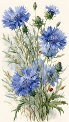 A beautiful arrangement of blue cornflowers with delicate green leaves and stems. The flowers are vibrant and detailed, set against a light background, showcasing their natural beauty.
