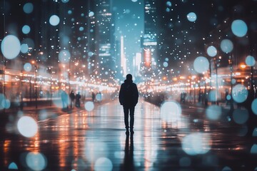 A person walking through a city at night, surrounded by lights and people, but feeling completely isolated and unseen.