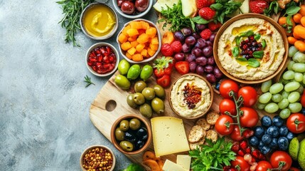 A plant-based charcuterie board with vegan cheeses, hummus, olives, and fresh fruit, beautifully arranged for a gathering.