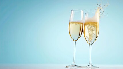 Fototapeta premium Two glasses of champagne with golden sparkles, celebrating New Years Eve in a festive style.
