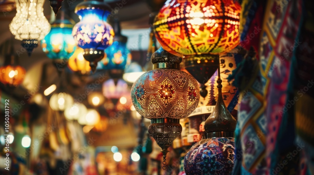 Poster a lively view of the grand bazaar in istanbul with colorful textiles and intricate lanterns hanging 