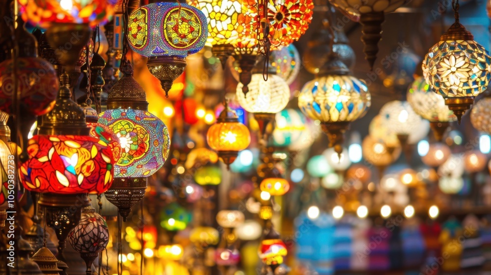 Poster A lively view of the Grand Bazaar in Istanbul with colorful textiles and intricate lanterns hanging from the ceiling, bustling setting with rich textures and hues, Market style