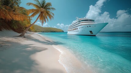 Obraz premium cruise ships sail near the beach, there are coconut trees