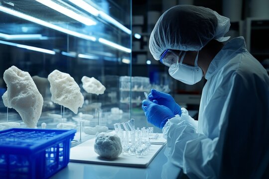 A researcher in a sterile lab testing biocompatible materials for medical implants, with prototypes displayed on the table.
