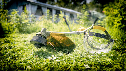 trimmer for mowing grass on green grass