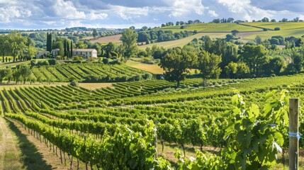 A lush vineyard in Bordeaux with grapevines stretching across rolling hills and a rustic farmhouse in the distance, countryside setting with elegant charm, Classic style