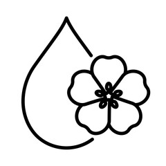 Linseed oil icon. Liquid oil with stylised flower of linen. Flax plant. Line icon, editable strokes. Modern icon for packaging, web, design.