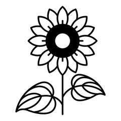Sunflower icon. Flat line illustration of agriculture plant with large flower, leaves, oily seeds in flower core. Minimalistic symbol for label, flower shop, cookbook, design. Editable thin strokes