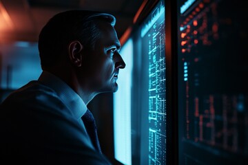 Fototapeta premium A security expert in a dark room analyzing a data breach in real-time, tracking the hacker movements through the company network.