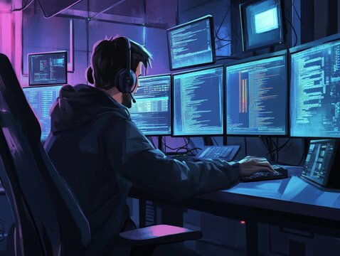 A security professional responding to a zero-day exploit, working quickly to patch vulnerabilities in a company software.