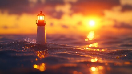 Fototapeta premium A small lighthouse stands tall in the ocean at sunset, its beacon casting a warm glow against the fiery sky.