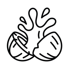 Untitled-58Coconut milk icon. Cracked coconut with a splash of milk. Line icon, editable strokes. A modern icon for packaging, website, design.