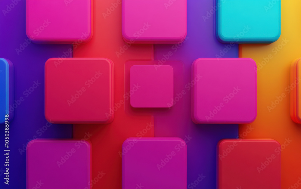 Poster A vibrant array of colorful, geometric shapes, including pink and blue squares, set against a gradient background, creating a dynamic and modern visual.