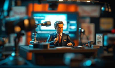 Obraz premium Man in suit at a news desk with microphone.