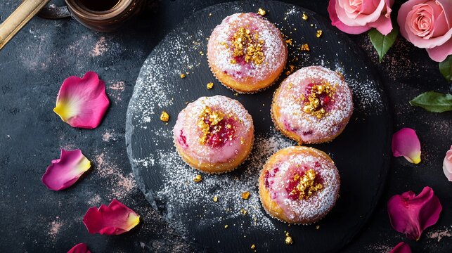 Rose-flavored paczki topped with edible gold flakes, placed on a black slate plate, surrounded by rose petals, powdered sugar, and a touch of honey