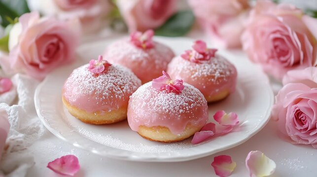 Rose-flavored paczki with a sugar glaze, isolated on a white porcelain plate, surrounded by fresh roses, rose petals, and powdered sugar