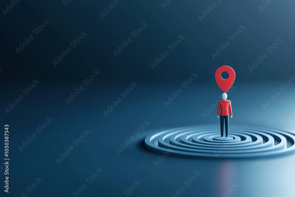 Aufkleber A minimalistic design featuring a figure standing in ripples, marked by a prominent red location pin, symbolizing navigation or position.