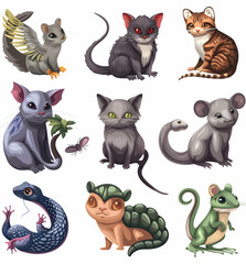 A collection of nine cartoon animal illustrations. The animals include a cat, a mouse, a lizard, a turtle, and a winged creature.