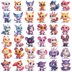 A collection of 36 adorable cartoon animals with various expressions and poses.