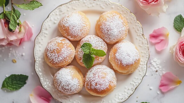 Traditional Polish pączki with rose jam filling, placed on a white porcelain plate, sprinkled with powdered sugar and surrounded by rose petals and fresh mint leaves