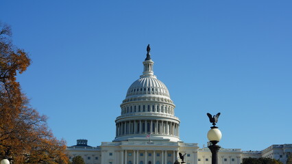 Naklejka premium The Washington DC city view with the Capitol Hill building as background in autumn 