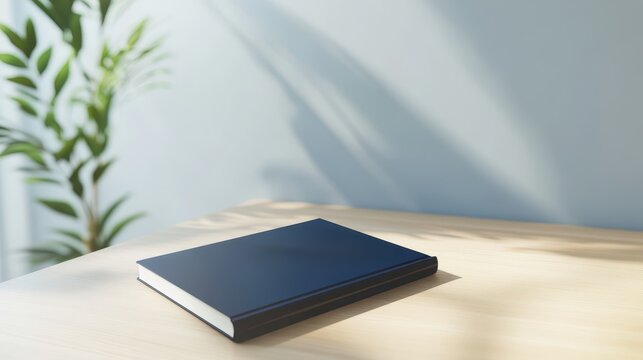 A navy blue menu book rests on a light wooden table with plant accents
