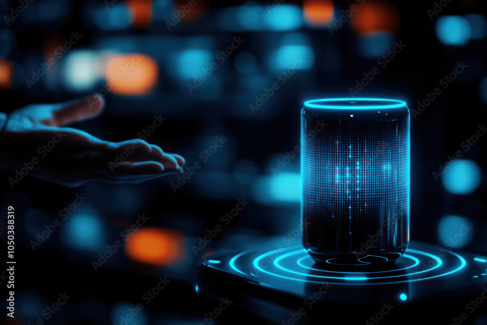 Poster A futuristic, illuminated speaker device is presented against a dark background, showcasing high-tech digital effects and a human hand reaching towards it.