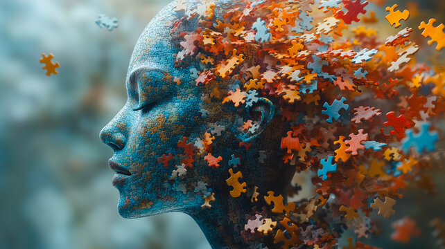 A woman's face is made of puzzle pieces, with a blue background. The puzzle pieces are in various colors, including red, orange, and yellow. Concept of chaos and disarray