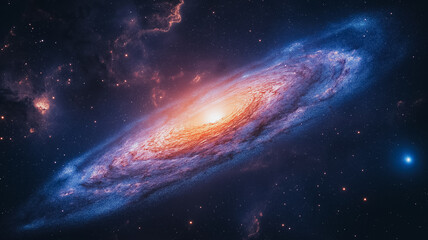 Fototapeta premium A spiral galaxy with a bright orange center. The galaxy is filled with stars and is surrounded by a blue and purple halo. Concept of wonder and awe at the vastness of the universe