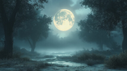 A moon is shining brightly in the sky above a forest. The moon is large and bright, illuminating the dark forest below. The scene is peaceful and serene