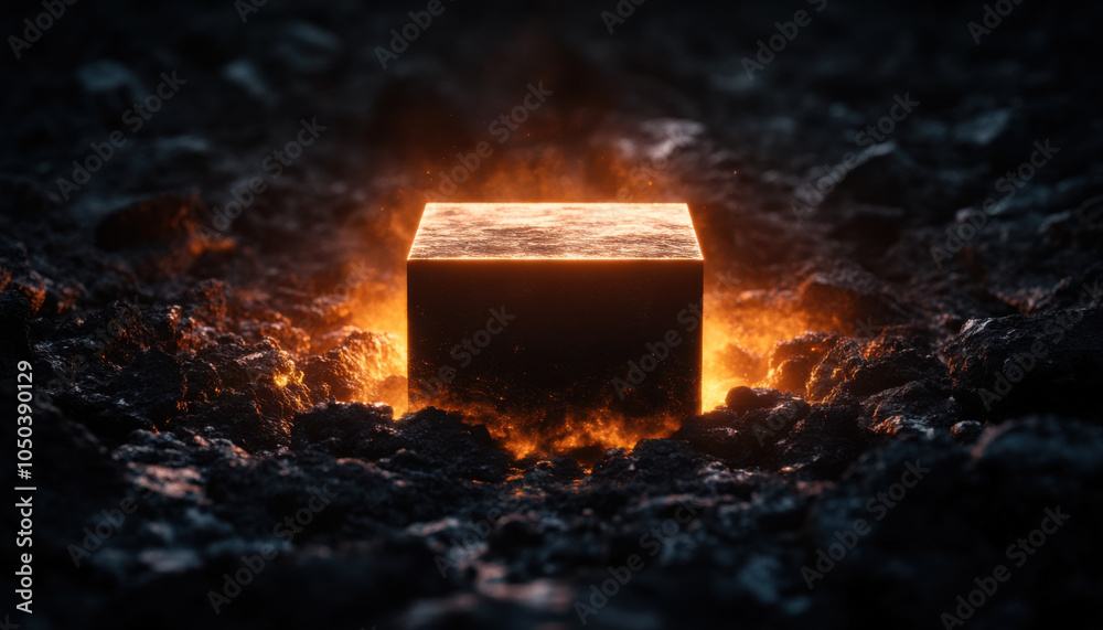 Aufkleber a glowing cube sits amidst dark surroundings, emanating a warm light that contrasts with the cool sh