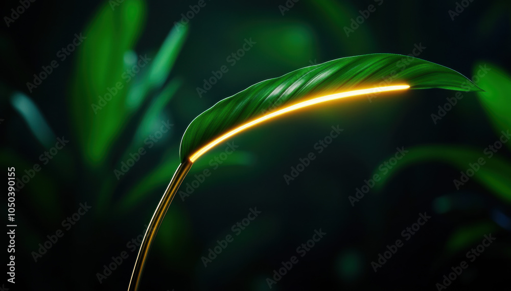 Poster a close-up of a leaf illuminated subtly, surrounded by lush greenery, showcasing intricate textures 